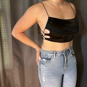 Mote Rocks Black Silk Crop Top With Cut Outs